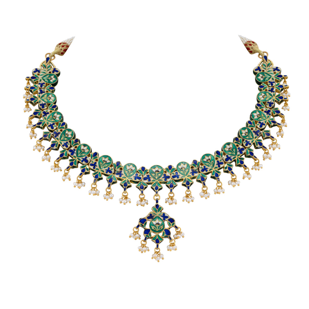 Polki Necklace with Red Enamel and Pearl Bead Clusters